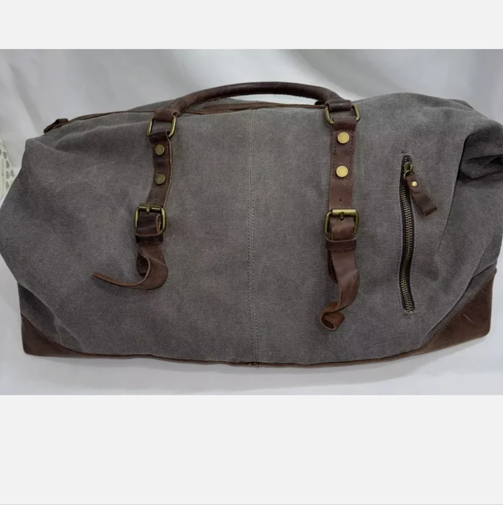 Rugged Canvas Duffel Bag Distressed Grey Brown Faux Leather Weekender Travel NEW